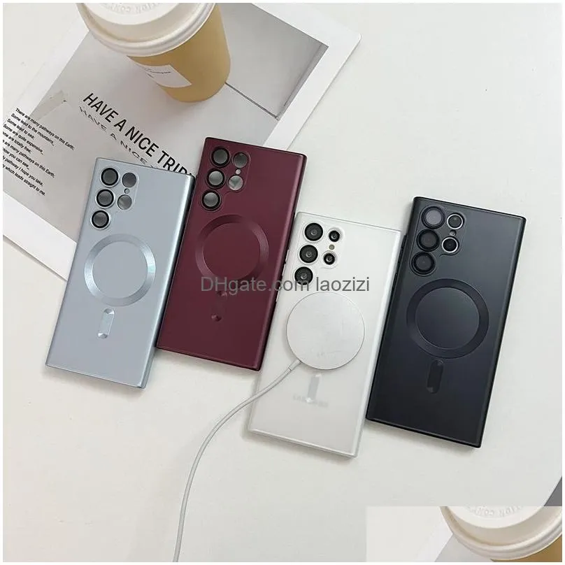 s24 magnet wireless charging cases for samsung s23 fe s22 ultra plus s21 fe metallic paint oil soft tpu clear camera lens protector fine hole magnetic phone back