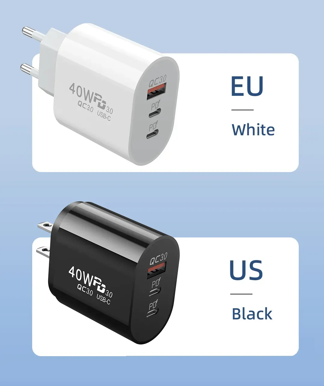 40W 3A 3 Ports Cell Phone Chargers Dual PD Type c Wall Fast Charging Power Adapters For Samsung s20 s22 Utral Htc Xiaomi