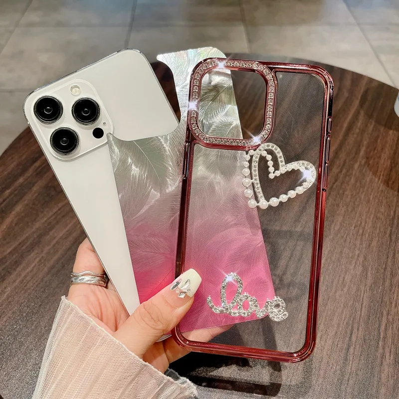 Luxury Bling Feather Heart Love Chromed Cases For Iphone 15 Plus 14 Pro Max 13 12 11 Diamond Cute Lovely Beads Plating Metallic Soft TPU Rhinestone Crystal Phone Cover
